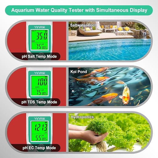 YINMIK Pool pH Salt Tester, Digital Salinity Meter for Saltwater Pool, Simultaneous Display Salt pH TDS for Koi Pond, Reef Tank, Aquarium, Hydroponic PPM pH EC Reader, Hydrometer with S.G. Card