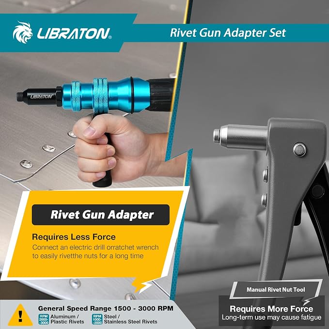 Libraton Rivet Gun Adapter, Rivet Gun Adapter for Electric Drill, Rivet Drill Attachment, for Cordless Electric Power Drill, with Handle, Easy processing for Pop Rivets, 3/32" 1/8" 5/32" 3/16"