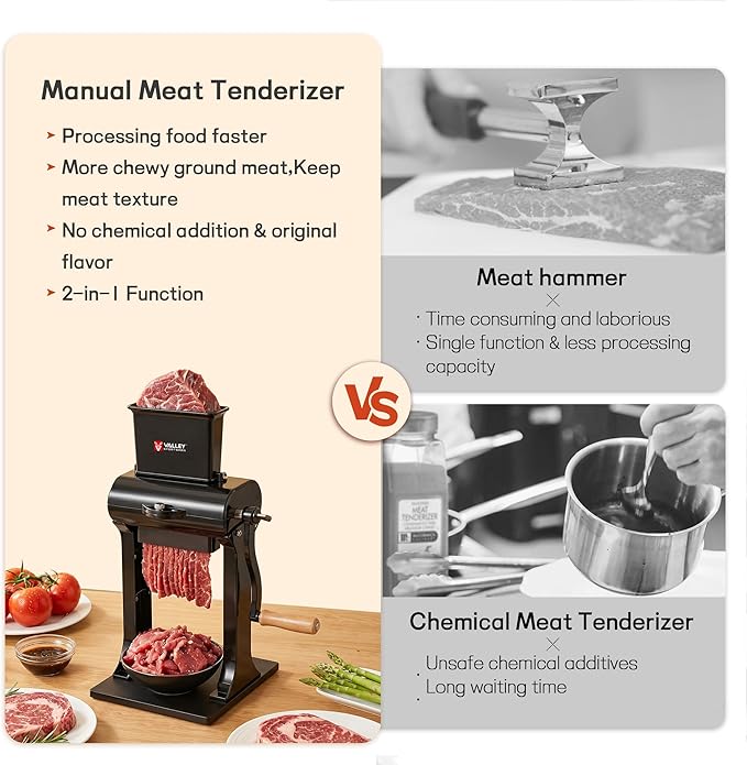 Manual Meat Tenderizer Jerky Slicer - 2 in 1 Commercial Meat Tenderizer Machine, Stainless Steel Tenderizing Blade and Jerky Slicer Blade for Beef and Chicken, Black