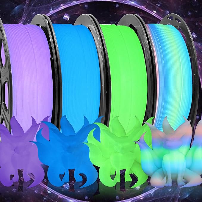 Bblife Glow in Dark PLA 3D Filament Bundle, 4 Popular Luminous Colors: Green, Purple, Blue, Rainbow, 1.75mm, 1kg