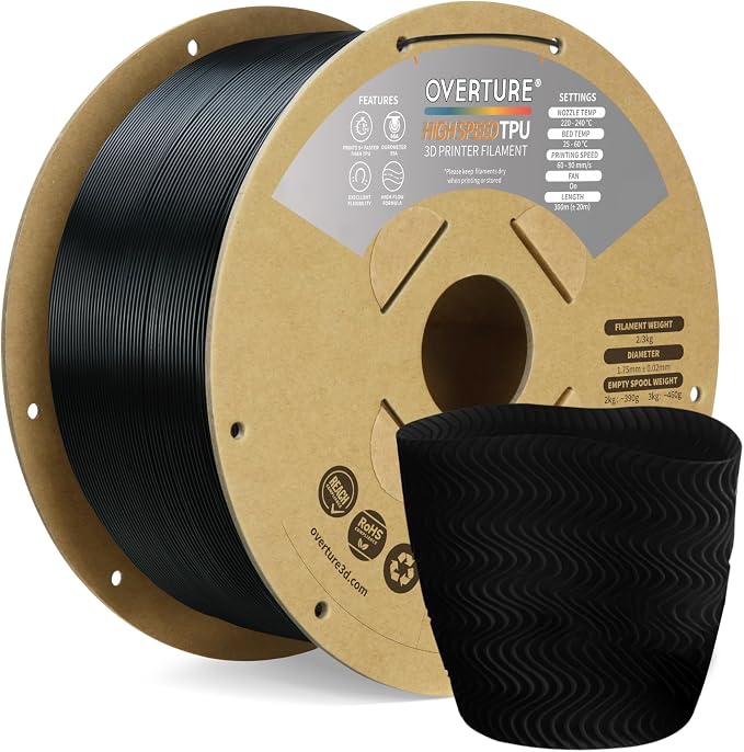 OVERTURE High Speed TPU 95A Flexible 3D Printer Filament 1.75mm | High Elasticity & Durability Filament,2kg Spool(4.4lbs),Fit Most FDM Printer(HS TPU 2kg Black 1-pack)