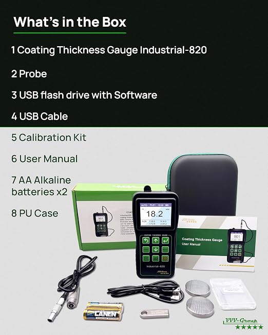 Coating Thickness Gauge Industrial-820 – 0–1500µm (0–59 mils) Dual F/N Probe, USB PC Data Export, 500 Data Groups, Statistics Mode, Alarm Limits, Industrial & Automotive Inspection
