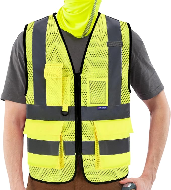 X Small High Visibility Mesh Safety Reflective Vest with Pockets and Zipper | Yellow XS mesh vest with clear ID pocket, radio mic loop and reflective strips for construction and warehouse operations.
