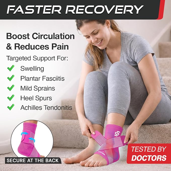 Sleeve Stars Ankle Brace for Women & Men, Ankle Wrap for Sprained Ankle, Compression Sleeve for Plantar Fasciitis Relief, Easy Customizable Support: w/Removable Strap (Single/L:12"-13"/Hot Pink)