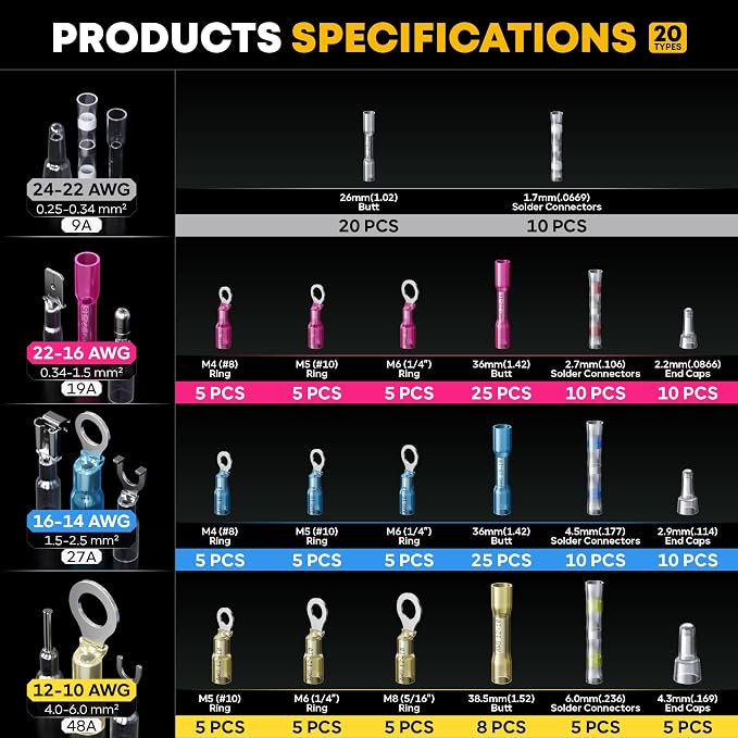 Crimping Tool Kit with Heat Shrink Connectors & Solder Seal Wire Connectors - 20 Types Marine Grade Electrical Terminals (24-10 AWG) - Ring, Butt Splices & End Caps for Auto Boat Wiring