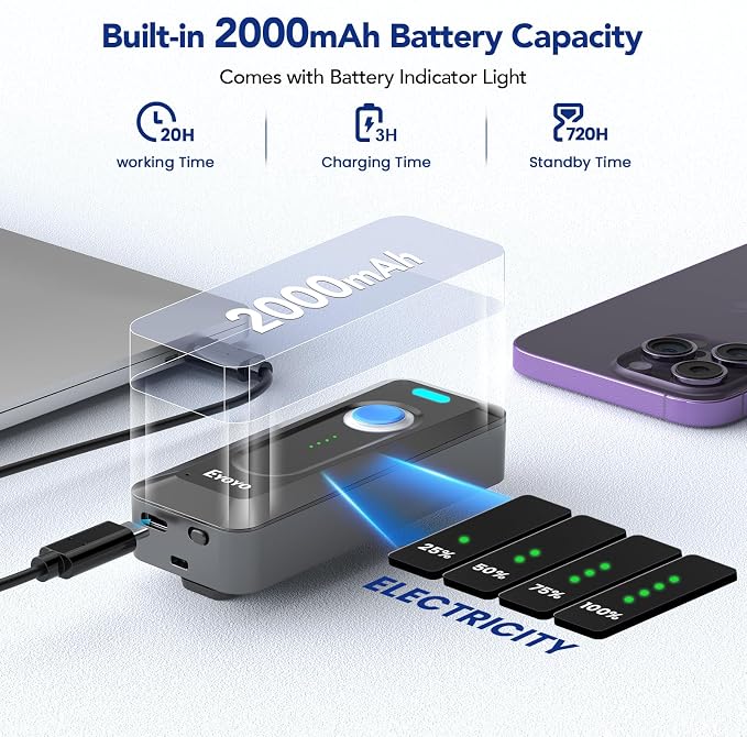 Eyoyo 2D Bluetooth Barcode Scanner: Portable QR Scanner with Clip, 2000mAh Battery with Level Indicator, Mini Bar Code Reader for Library Book Inventory Compatible with iPhone, iPad, Android Phone