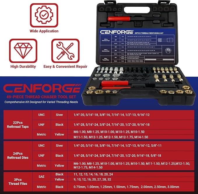 49PCs Thread Chaser Set, Metric & SAE Rethreading Tool Kit with 22 Taps, 24 Dies, 3 Thread Files - Universal Bolt Restorer in UNC UNF Metric Sizes for Automotive (Includes Portable Case)