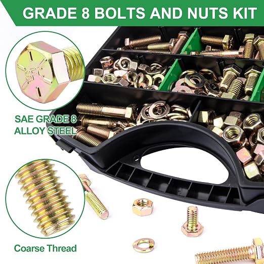 FOLIV 523PCS Grade 8 Bolts and Nuts Assortment Kit, Heavy Duty Nut and Bolt Assortment, 1/4-20 5/16-18 3/8-16 SAE Hex Bolts, Length from 1/2" to 1-1/2"