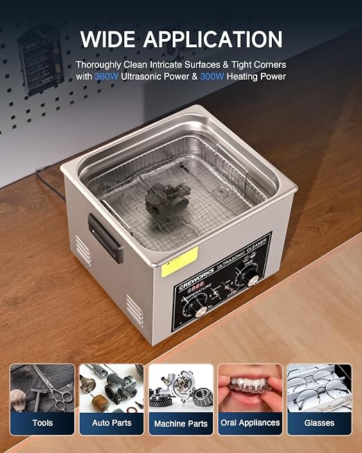 CREWORKS 15L Ultrasonic Cleaner with Heater and Timer, 360W Stainless Steel Ultrasonic Cleaner Machine with Degas & Gentle Modes, Ultrasonic Parts Cleaner with Knob Control for Machine Part Auto Tool