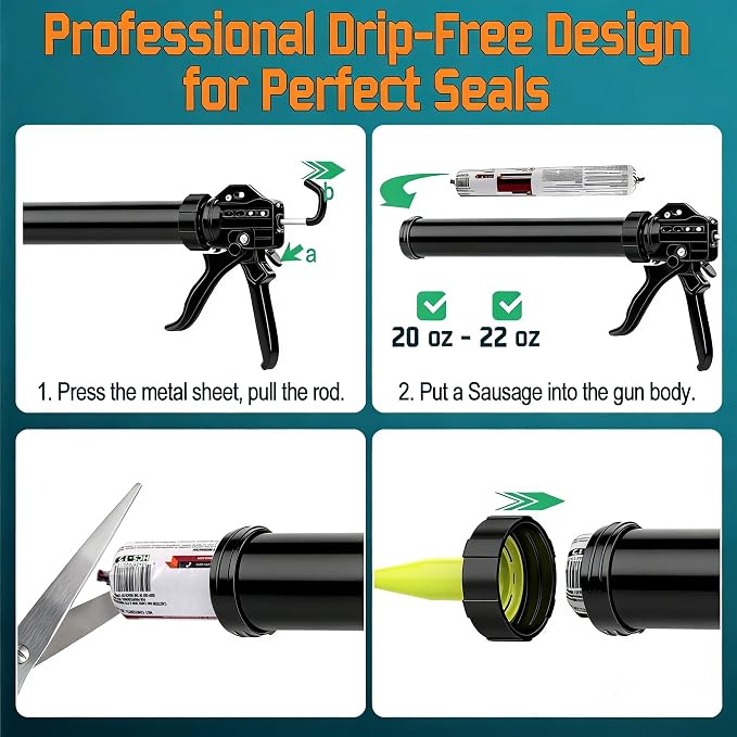 20 oz Sausage Caulk Gun, One-Touch Drip-Free | Effortless & Professional Design with Heavy-Duty Metal Body, 18:1 Thrust Ratio | for 20 oz Sausage Packs