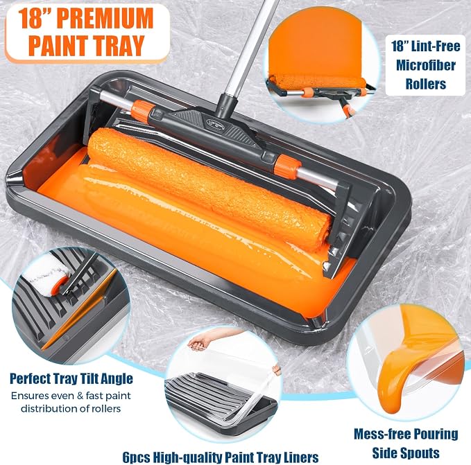 22pcs 12"-18" Adjustable Large Paint Roller with Tray & Liners Kit: 1-5Ft Aluminum Extension Poles, Brush & Roller Cleaner, 18" Nylon Covers for Walls,Ceiling,Floor,Interior,Exterior Painting