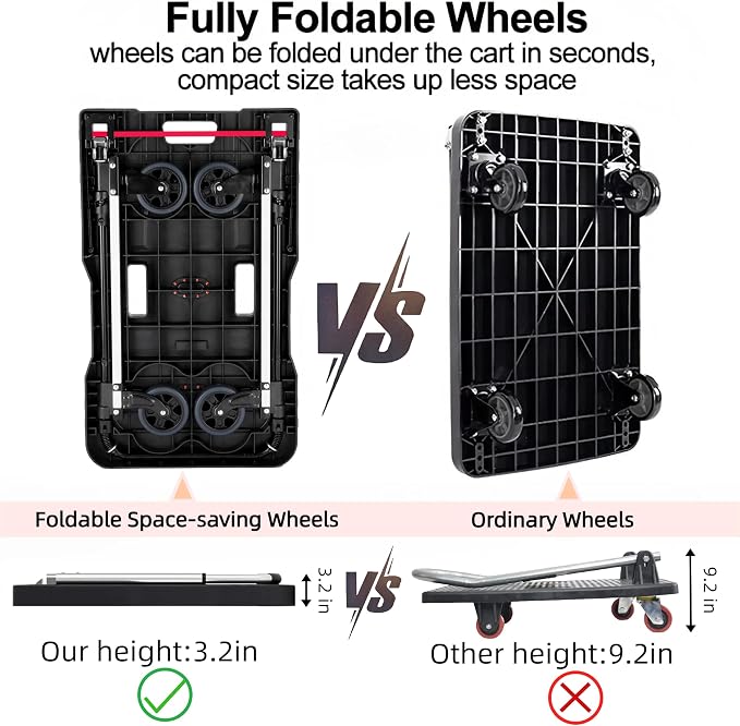 Folding Hand Truck, 330 Lbs Heavy Duty Luggage Cart, Portable Push cart Dolly with Adjustable Handle for Auto, Luggage, Personal, Travel, Moving Shopping and Office Use