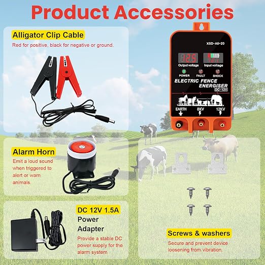 5.5J Electric Fence Charger Energizer, 5.5 Joules 10 Miles, AC DC 2 in 1 Powered Supply, Input 12V Output 8 KV or 12KV, with Display and Alarm, Contain Cattle Cow and Livestock, No Remote