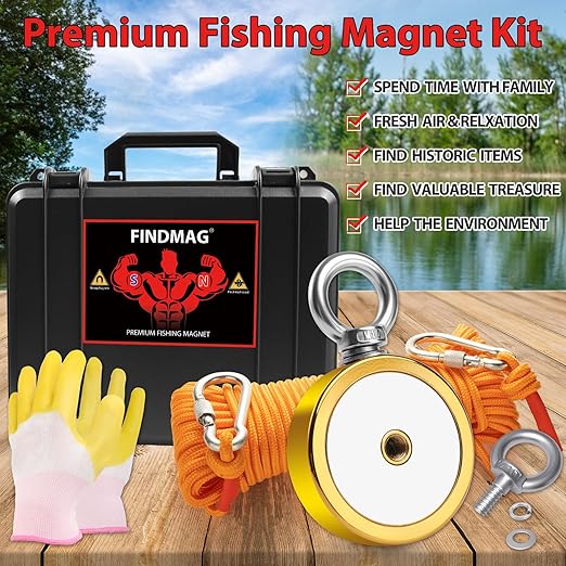 FINDMAG Double Sided 1000 lbs Pulling Force Magnet Fishing Kit with Case, 2.95" Diameter Fishing Magnets Perfect for Retrieving Items, Magnet Tool, Gift-Ready Packaging