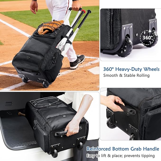 Large Rolling Baseball Catchers Gear Bag with Wheels, Softball Bag with Hard Backing for 4 Bats,Equipment Bag with Separate Shoe & Helmet Compartments, Youth Baseball Bag with 360° Spinner Wheels