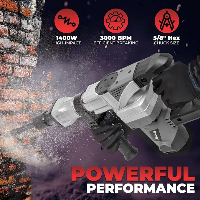 XtremepowerUS 1400W Demolition Electric Jack Hammer SDS Plus Construction Concrete Breaker Punch Drill Chipping 4500BPM Floor Tile Removal (Include Flat & Chisel Bits) Carrying Case