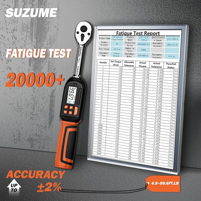 SUZUME Digital Torque Wrench 3/8 Drive (4.9-99.6 Ft. Lb/ 6.6-135 N.m)±2% High Accuracy Digital Torque Wrench with Buzzer and LED Flash Notification Four Units of Measure Torque Wrenches Digital