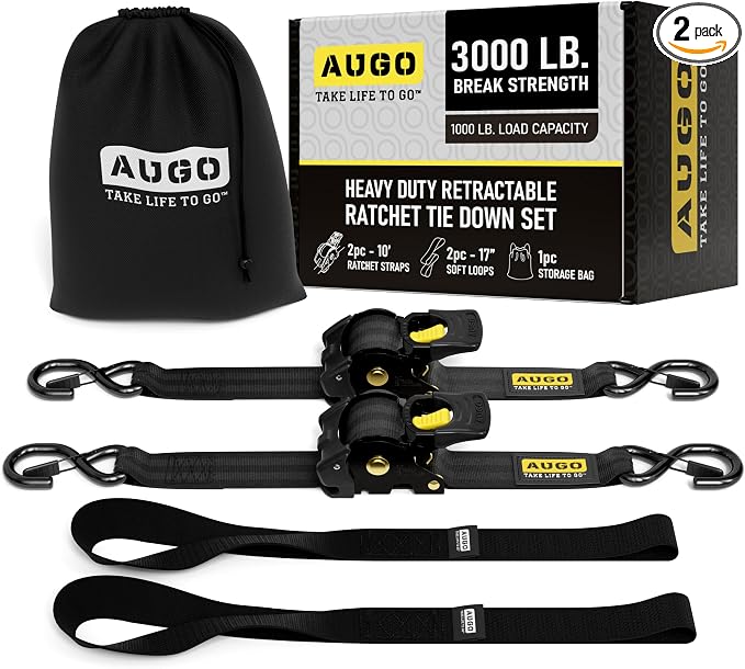 AUGO Retractable Ratchet Straps | 2 Heavy Duty Ratchet Straps Self Retractable Tie Downs with Soft Loops & Storage Bag for Motorcycle, Truck, Trailer, Cargo Van | 3000 Lb Break Strength 2” x 10’