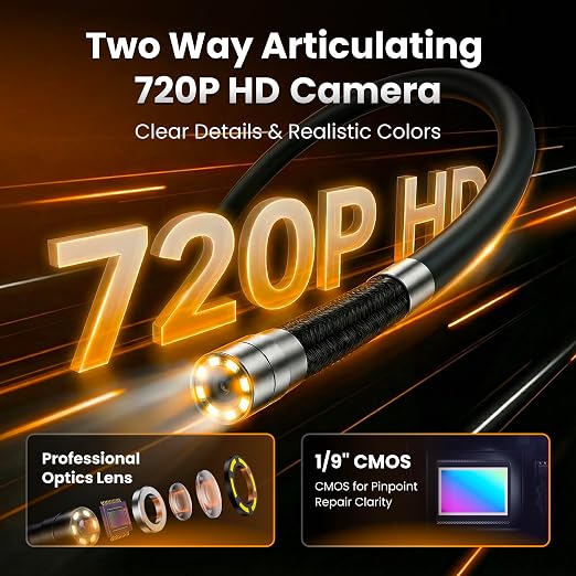 UW19-MP60 Two-Way Articulating Borescope with Light, 6mm Inspection Camera for iPhone & Android, Type-C & Lightning Compatible Flexible Snake Camera for Automotive Engine Inspection, 3.3FT
