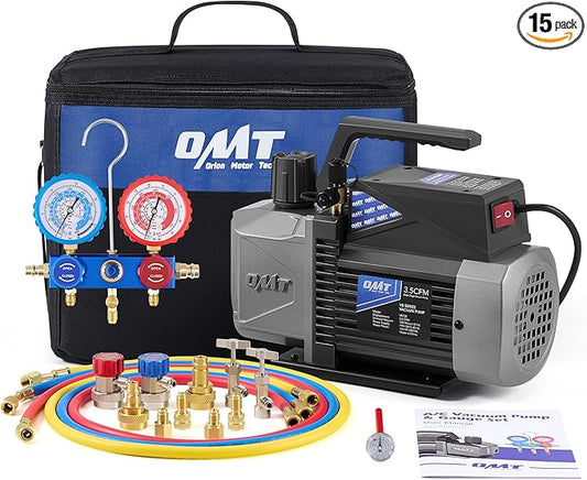 Orion Motor Tech A2L AC Vacuum Pump and Gauge Set, for R1234yf R32 R134a R410A Systems with 3.5 cfm Sparkless Ignition Proof Vacuum Pump, 3 Way AC Gauges Quick Couplers Can Taps Hoses Thermometer