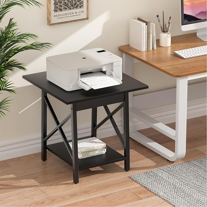 GreenForest Square End Table 24 Inch with X-Frame 2-Tier Storage | Nightstand for Living Room & Bedroom, Rustic Decor, Sturdy, Waterproof Scratchproof Top, Easy Assembly, Black