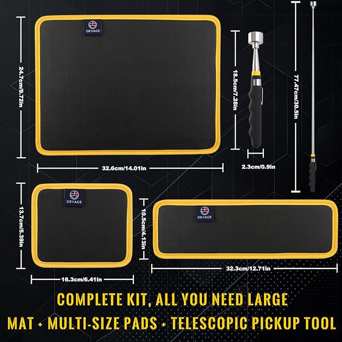 Magnetic Tool Mat Set, 4 Pack Tool Mat Set with Telescoping Pickup Tool | 40LB Strong Magnetic Mat for Tools | Screws & Parts Garage Workshop Organizer for Mechanics & DIY(Red)