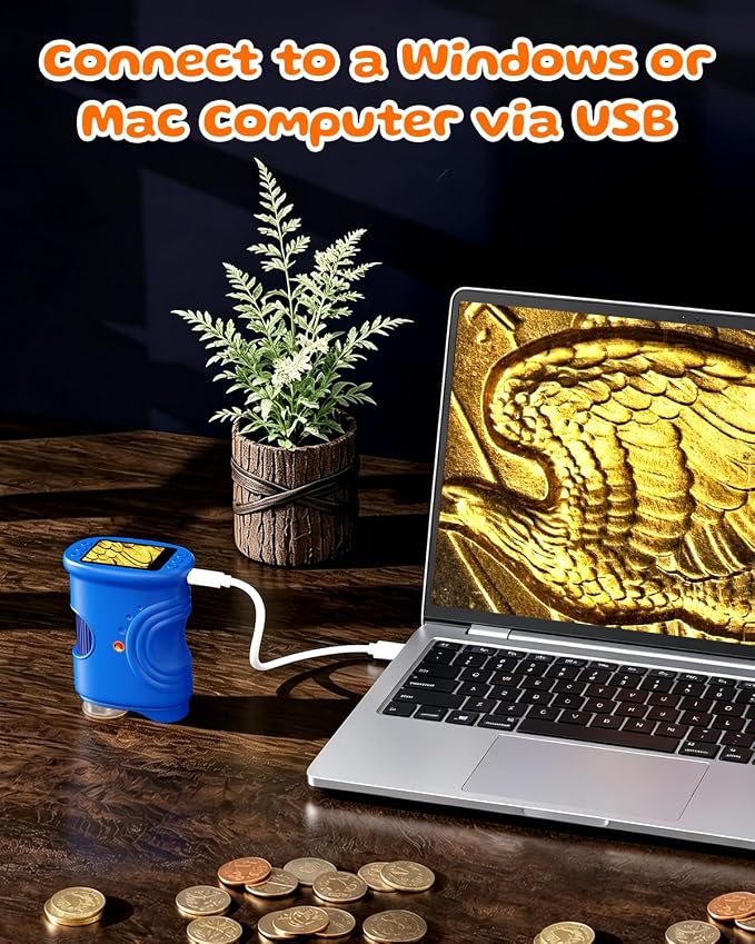 1000X Coin Microscope with Lights 2.0" IPS Screen, Digital Handheld Coin Magnifier with 8 Adjustable LED Light, Portable Rechargeable Pocket Microscope Compatible with Windows/Mac, Blue