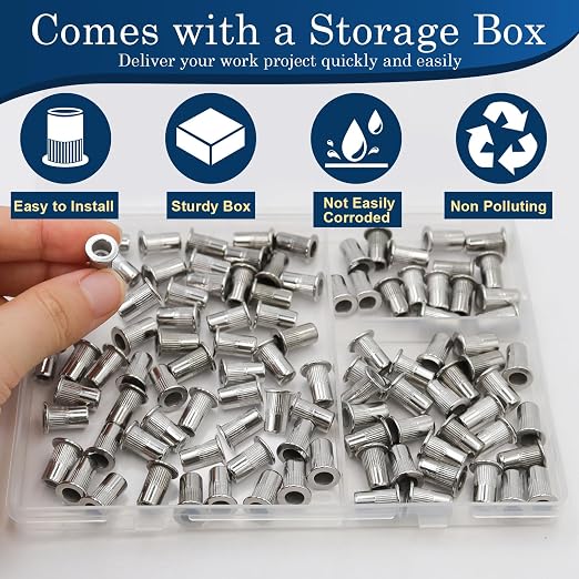 8-32 UNC Rivet Nut, 100Pcs 304 Stainless Steel Flat Head Rivnut Threaded Insert Nutsert