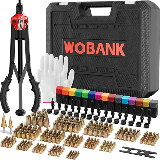 Rivet Nut Tool, 16" Heavy Duty Rivnut Tool Kit with 15PCS Metric/SAE Mandrels, 290PCS Rivet Nuts, 2 Step Drills, Wrench, Gloves & Carrying Case, Auto Release Nut Design