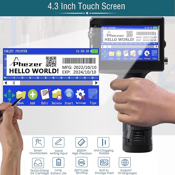 Phezer P15 Handheld Inkjet Printer for Flat Surface 0.5 Inch Nozzle for QRCode Barcode Production Date Time Logo Batch Number Print On Glass Bag Carton Box Wood Cloth Plastic Cable (25 Languages)