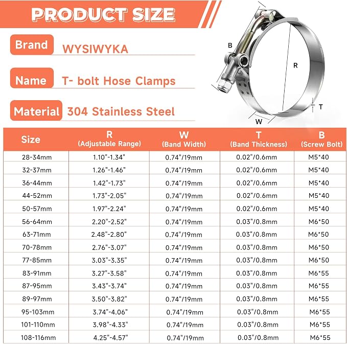 T-Bolt Hose Clamps, Adjustable Working Range 3.27"-3.58"(83-91mm), 304 Stainless Steel Hose Clamps Turbo Intake Clamp for Automotive, Turbo Tubes, Intercooler Pipes (83-91mm, 6 Pack)