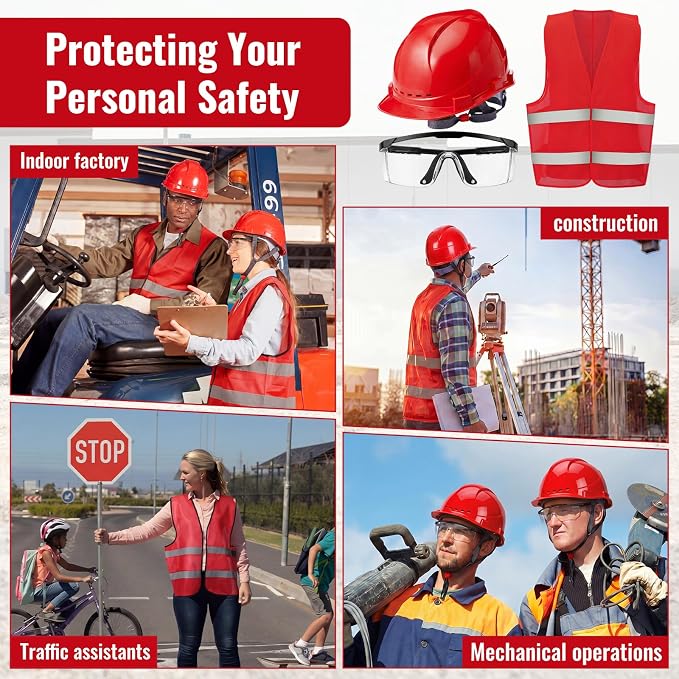 Mumufy 18 Pcs Suspension Hard Hats Safety Helmets Vented Cap Style Helmet with High Visibility Vest Mesh Reflective Anti Fog Safety Goggles Adjustable Temples for Construction Work (Red)