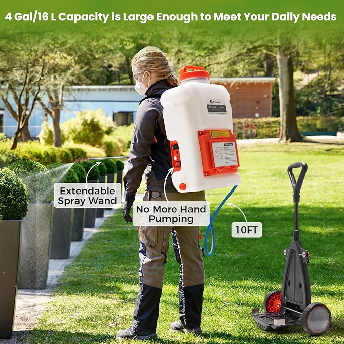 Toovem Battery Powered Backpack Sprayer, 4 Gallon Electric Sprayer with Wheeled Cart, Adjustable 0-94 PSI Backpack Garden Sprayer with 10FT Hose, 6 Nozzles for Lawn, Garden, Yard