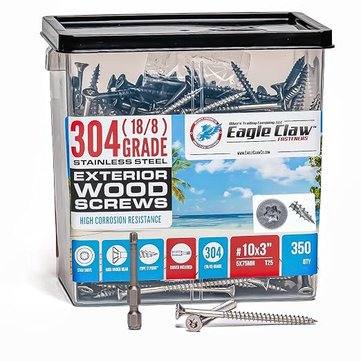 #10 x 3 Inch Stainless Steel Deck Screws | 304 Grade (350 Pack) | Flat Head T25 Star Torx Drive | Stainless Steel Wood Screws by Eagle Claw Fasteners | Corrosion & Rust Resistant (Includes Driver Bit)