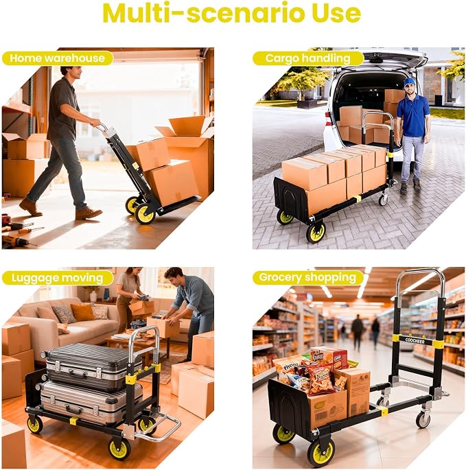 3-in-1 Convertible Heavy Duty Folding Hand Truck Dolly, 600LB Capacity with Rubber& Wheels Telescoping Handles, Portable Collapsible Cart for Warehouse, Supermarket, Office (Yellow)