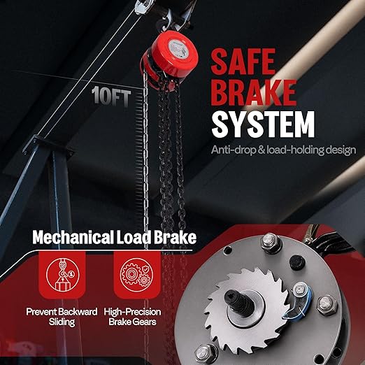 SPECSTAR Hand Chain Hoist 1 Ton 2200 Lbs Capacity 10 Feet with 2 Hooks | Heavy Duty Manual Chain Fall for Warehouse Building Automotive Machinery Red