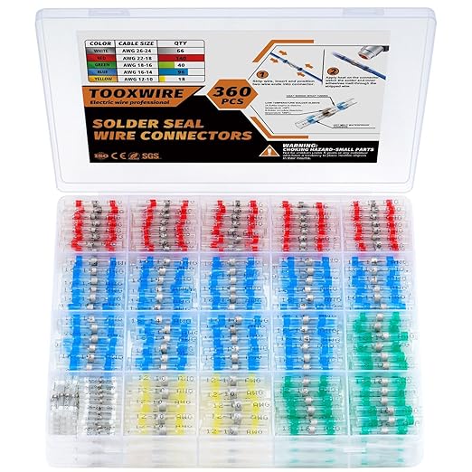 360PCS Solder Seal Wire Connectors, Heat Shrink Wire Connectors Kit, Waterproof Heat Shrink Butt Connectors for Marine Automotive Boat Truck RV Wiring, AWG 26-10, 5 Sizes
