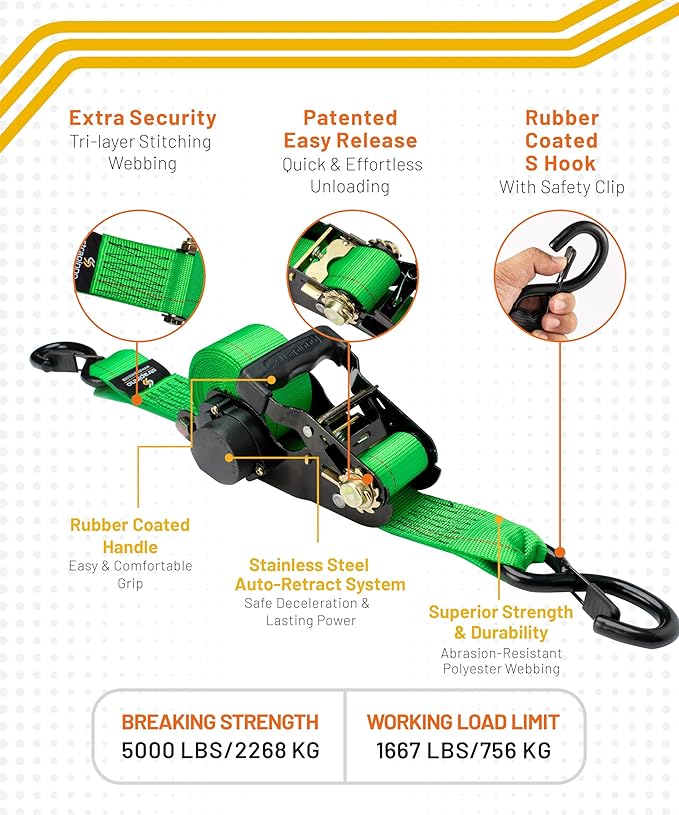 Strapinno Retractable Ratchet Tie-Down Straps,5,000 lbs Breaking Strength- 2 in x 12 ft Heavy Duty Ratchet Strap with Safety Lock S Hooks for Motorcycles, ATVs, UTVs, Lawn Equipment & Cargo (Green)