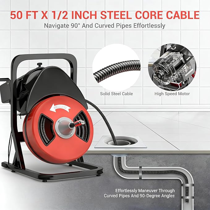 Garvee 50FTx1/2 Inch Drain Cleaner Machine with Wheels, Sewer Snake Electric Drain for 2" to 4" Pipes, Plumbing Snake Auger Cleaner with 6 Cutter & Foot Switch for Sewer, Sink, Toilet, Bathroom
