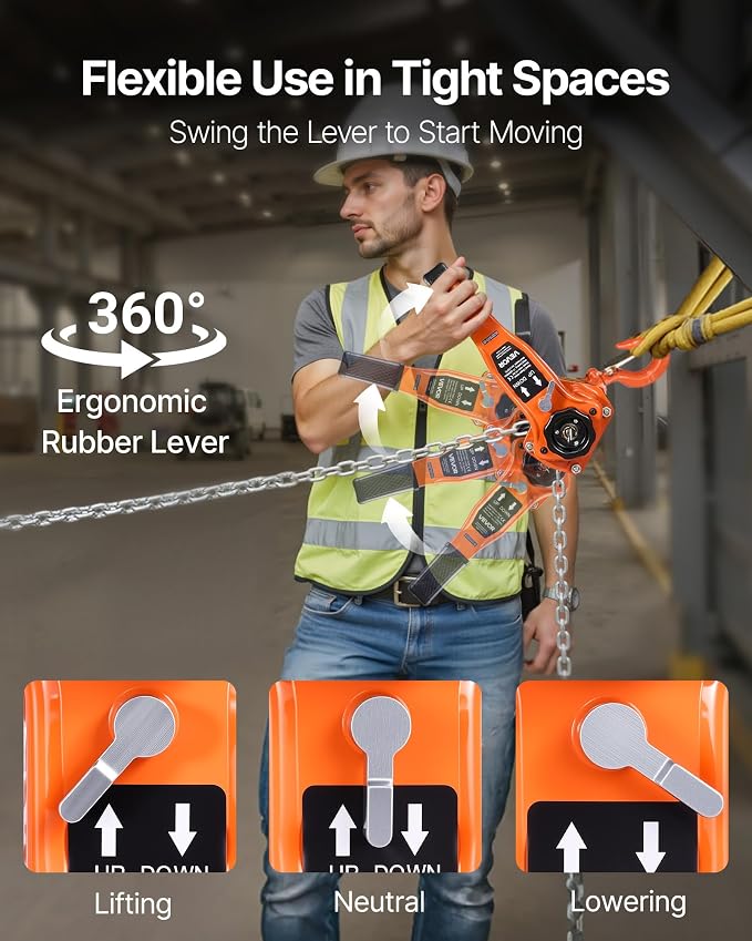 VEVOR Manual Lever Chain Hoist, 1T 2200LBS Capacity Heavy Duty Come Along, 10FT Lift G80 Alloy Steel Chain with Dual Pawl Mechanical Brake,360°Rotating Hooks, for Warehouse Construction Garage