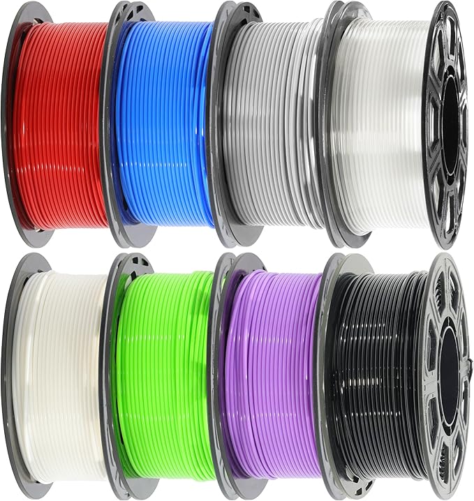 1.75mm 8 Spools Basic Colors PLA 3D Printer Filament Bundle, White/Black/Clear/Light Grey/Blue/Red/Green/Purple, Each Spool 0.25kg, Total 2kg PLA 3D Printing Material, 250g x 8 Spools