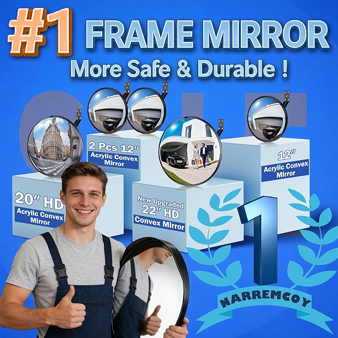 12 Inch Acrylic Convex Mirror with Rain Shield, Adjustable Wide Angle Security Mirror for Indoor Outdoor, Blind Spot for Garage, Warehouse, Driveway, Office Safety