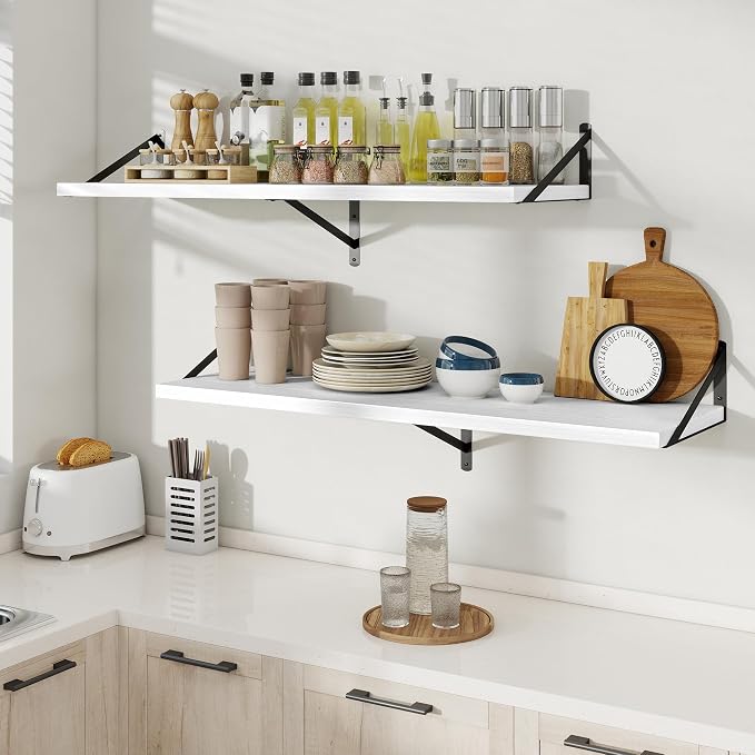 Floating Shelves 12 Inch Deep, 48W x 12D Wall Shelf Set of 2, 70 lbs Heavy Duty Reversible Metal Brackets, Deep Industrial Book Shelf for Living Room Kitchen Bath Bedroom Coffee Bar, White