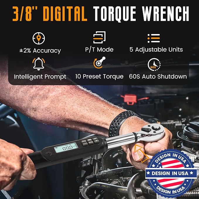 MULWARK 3/8" Digital Torque Wrench Electronic Set, with Buzzer & LED, 2.2-44.3 ft-lbs(3-60 Nm), High Precision Adjustable Bike Torque Wrenches Car Repairing Tool Calibrated with Storage Case