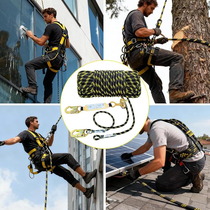100FT Fall Protection Safety Rope, Heavy Duty Vertical Lifeline Assembly with Grab Snap Hooks Shock Absorber, Safety Lanyard for Roofing Tree Climbing Construction