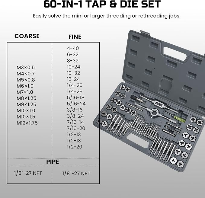 Anfrere 60pcs SAE & Metric Tap and Die Set, Metric Standard Rethreading Tool Kit, Coarse and Fine Threads for Cutting External and Internal Threads, Essential Repair Tool Kit with Storage Case