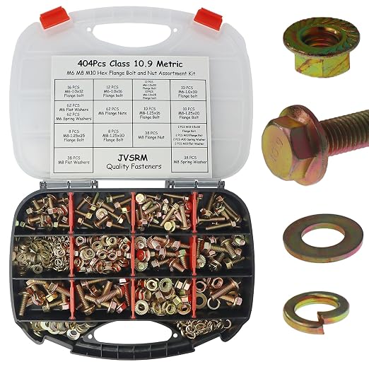 404Pcs Class 10.9 Metric Flange Bolts Kit - M6 M8 M10 (12-30mm) Serrated Hex Bolts with Nuts & Washers, Yellow Zinc, Storage Case for Light Equipment & DIY