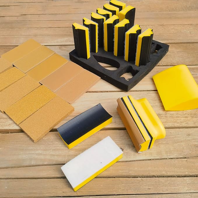 Total 56 PCS Hand Sanding Block Set- 16 PCS Contoured Profile Sander Block + 40 Sheet Sandpaper Kit - Interchangeable Assorted Convex & Concave Shapes for Moldings,Woodworking, Auto Paint and Crafts