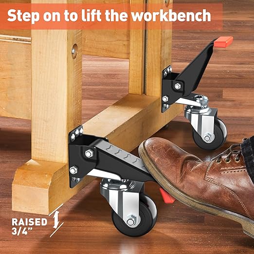 SPACEKEEPER Workbench Casters kit 720 Lbs Retractable Casters Heavy Duty Bench Caster Wheels Side Mounted Retractable Workbench Wheels Designed for Workbenches Machinery & Tables, 4 Pack