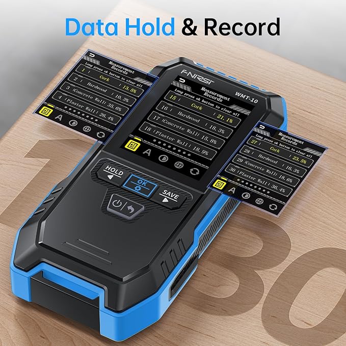 FNIRSI WMT-10 Pinless Wood Moisture Meter, Rechargable Moisture Meter for Wood, Wall, Firewood, Support Data Hold and Record, Flashlight, Humidity Detector for Lumber Concrete Building